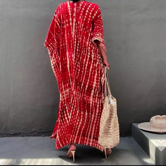 New Red Bohemian Tie Dye Kaftan Kimono Dress - Picture 4 of 5